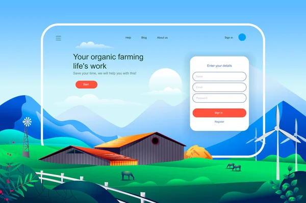 有機農業の生活は概念を働かせる。農業ビジネスウェブサイトのレイアウト。作物や家畜の生産に環境に優しい近代的な技術。ランディングページのためのフラットデザインのベクトルイラスト — ストックベクタ