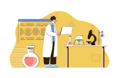 Biyolojik keşifler kavramı. Bilimadamı laboratuvar durumlarında araştırma yapmaktadır. Mikrobiyolojik testler. Web sitesi ve mobil site için düz karakter tasarımına sahip vektör illüstrasyonu