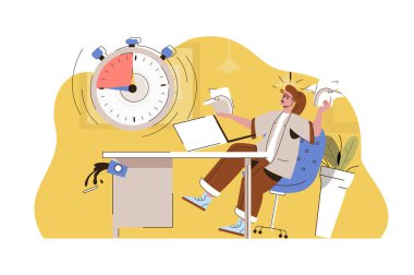 Son teslim tarihi kavramı yakılıyor. Kızgın çalışan, iş yerini tamamlayamaz. İş stresi, zaman yönetimi insanları sahnesi. Web sitesi ve mobil site için düz karakter tasarımına sahip vektör illüstrasyonu