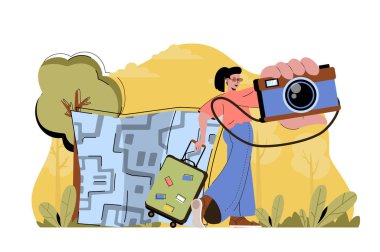 İzlenim konseptini yakala. Fotoğraf makinesi olan bir kadın tatile çıkıyor. Seyahat sahnesinden hatırlanmaya değer anlar. Web sitesi ve mobil site için düz karakter tasarımına sahip vektör illüstrasyonu