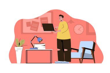 Ortak çalışma konsepti. Çalışan, çevrimiçi durumla iletişime geçerek iş arkadaşlarıyla birlikte çalışır. Uzaktan kumandalı ekip çalışması sahnesi. Web sitesi ve mobil site için düz karakter tasarımına sahip vektör illüstrasyonu