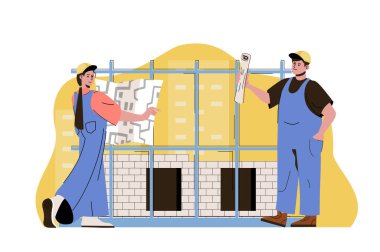 İnşaat planı konsepti. Mimarlar takımı planları gözden geçirir. Bina, emlak işi yapanlar sahnesi. Web sitesi ve mobil site için düz karakter tasarımına sahip vektör illüstrasyonu