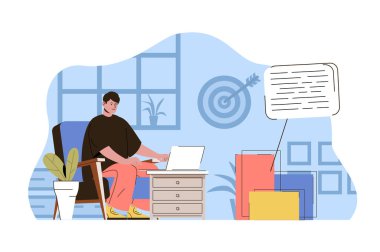 İçerik pazarlama konsepti. Pazarlamacı mesajlar yazar, reklam kampanyaları yapar. Yönetim, iş terfisi insanlar sahnesi. Web sitesi ve mobil site için düz karakter tasarımına sahip vektör illüstrasyonu