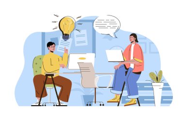 Ortak ofis konsepti. Beyin fırtınası yapan ve birlikte çalışan çalışanlar. İş arkadaşı ya da iş arkadaşı sahnesi. Web sitesi ve mobil site için düz karakter tasarımına sahip vektör illüstrasyonu