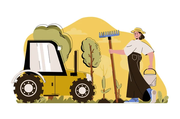 Advanced farming concept. Woman works on farm situation. Harvesting, smart gardening, agricultural technology people scene. Vector illustration with flat character design for website and mobile site — ストックベクタ