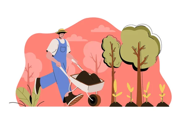 Conceito agrário. Agricultor com carrinho de mão trabalha na fazenda, plantando mudas situação. Jardinagem, plantar pessoas cena. Ilustração vetorial com design de caracteres planos para site e site móvel — Vetor de Stock