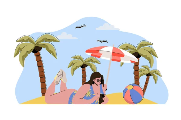 Strand vakantie concept. Vrouw in badpak zonnebaden op het strand situatie. Vakantie in badplaats, zomervakantie mensen scene. Vector illustratie met platte karakter ontwerp voor website en mobiele site — Stockvector