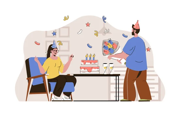 Birthday party concept. Couple in holiday hats drinking champagne situation. Party surprise with cake and gifts people scene. Vector illustration with flat character design for website and mobile site — ストックベクタ