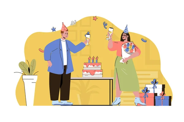 Концепция дня рождения. мужчина поздравляет женщину, дарит ей букет цветов. праздничное мероприятие со сценой людей с тортами. векторная иллюстрация с плоским дизайном персонажей для сайта и мобильного сайта — стоковый вектор