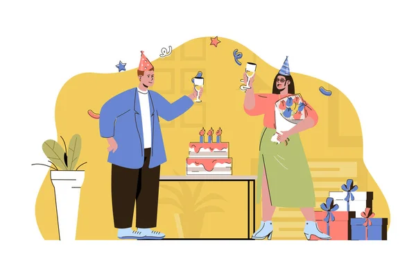 Conceito de festa de aniversário. O homem congratula a mulher, dá-lhe a situação de buquê de flores. Evento festivo com bolo pessoas cena. Ilustração vetorial com design de caracteres planos para site e site móvel — Vetor de Stock