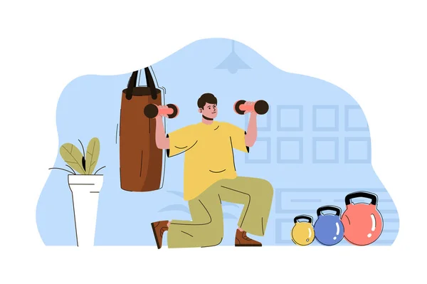 Concepto de entrenamiento corporal. Hombre ejercitándose con pesas, ejercitándose en la situación del gimnasio. Deporte activo, entrenamiento de fitness escena de la gente. Ilustración vectorial con diseño de carácter plano para sitio web y sitio móvil — Vector de stock