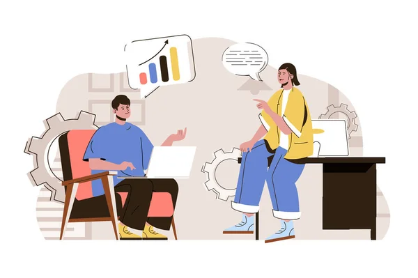 Business discussion concept. Employees in office discussing work tasks situation. Brainstorming and teamwork people scene. Vector illustration with flat character design for website and mobile site — 图库矢量图片