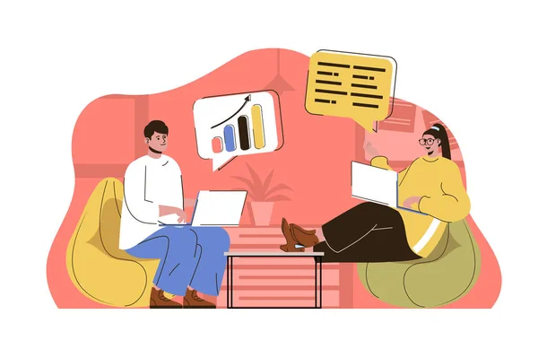 Business meeting concept. Colleagues discuss tasks, analyze report with data statistics situation. Teamwork people scene. Vector illustration with flat character design for website and mobile site — 图库矢量图片