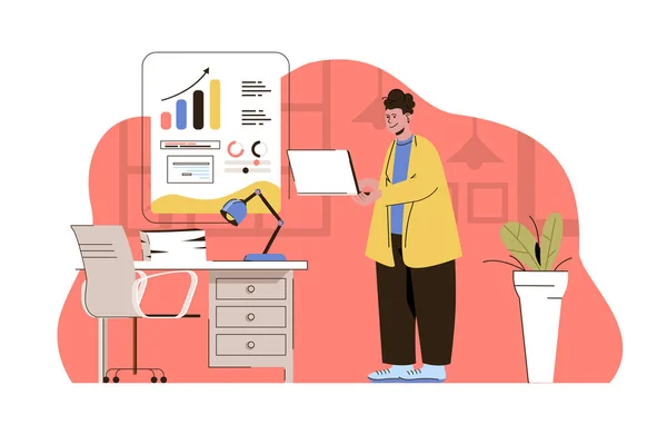 Business strategy concept. Employee analyzes data and develops strategy situation. Project growth planning people scene. Vector illustration with flat character design for website and mobile site — 스톡 벡터