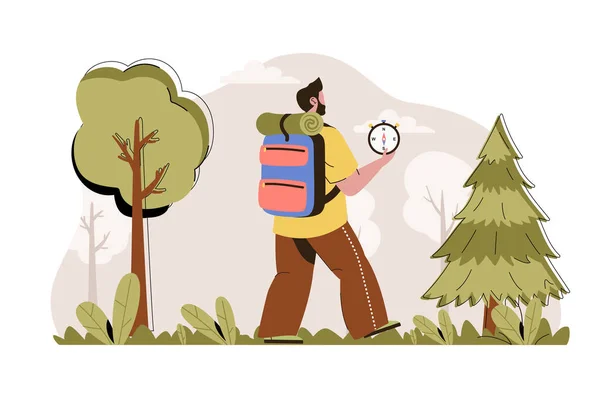 Kampaň v konceptu lesů. Muž s batohem a kompasem jde na túru. Venkovní aktivita, turistická scéna. Vektorová ilustrace s plochým designem znaků pro webové stránky a mobilní stránky — Stockový vektor