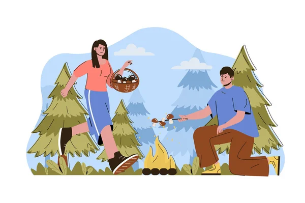 Caravan camping concept. Couple resting in forest, picking mushrooms and frying on campfire situation. Hiking people scene. Vector illustration with flat character design for website and mobile site — 스톡 벡터