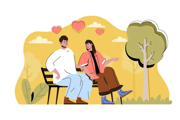 Cuidándonos mutuamente el concepto. Feliz pareja amorosa habla sentado en el banco en situación de parque. Relación escena de la gente. Ilustración vectorial con diseño de carácter plano para sitio web y sitio móvil — Archivo Imágenes Vectoriales