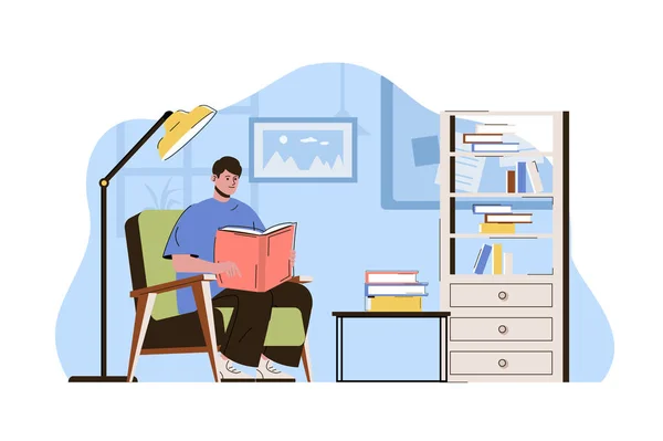 College student concept. Teenager reads book, studies subject from textbook situation. Pupil learns in library people scene. Vector illustration with flat character design for website and mobile site — 图库矢量图片