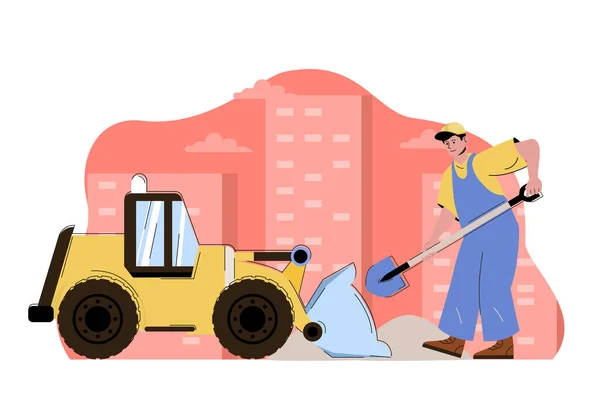 Construction engineering concept. Builder with shovel working with bulldozer machinery situation. Building people scene. Vector illustration with flat character design for website and mobile site — Stock Vector