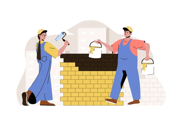 Conceito de equipa de construção. Pintores pintam parede, construtores trabalham na situação do local de construção. Cena de empresários imobiliários. Ilustração vetorial com design de caracteres planos para site e site móvel — Vetor de Stock