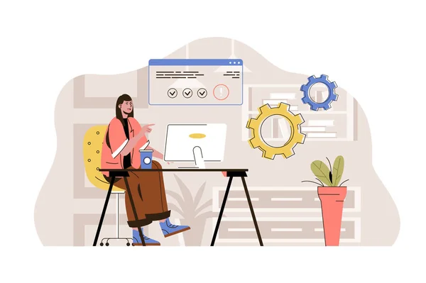 Coworking center concept. Woman working at computer in open office situation. Coworker or freelancer workplace people scene. Vector illustration with flat character design for website and mobile site — ストックベクタ