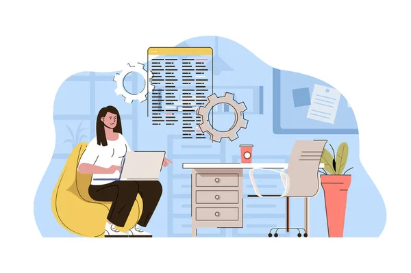 Konsep ruang kerja kreatif. Pengembang wanita yang bekerja di laptop dalam situasi kantor yang nyaman. Tempat kerja orang-orang. Ilustrasi vektor dengan desain karakter datar untuk situs web dan situs seluler - Stok Vektor
