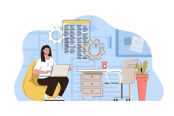 Concepto de espacio de trabajo creativo. Desarrollador mujer que trabaja en el ordenador portátil en una cómoda situación de oficina. Centro de coworking escena de la gente. Ilustración vectorial con diseño de carácter plano para sitio web y sitio móvil — Archivo Imágenes Vectoriales