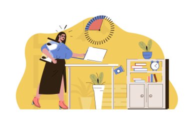 Çıtır zaman konsepti. Kadınlar zamanı gelince işlerini tamamlayamazlar. İş bitimi, iş stresi, insanlar sahnesi. Web sitesi ve mobil site için düz karakter tasarımına sahip vektör illüstrasyonu