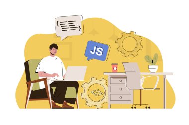 Ön-uç geliştirici konsepti. Adam web sayfası yaratıyor, JavaScript programlama durumu. Geliştirme kullanıcı arayüzü insan sahnesi. Web sitesi ve mobil site için düz karakter tasarımına sahip vektör illüstrasyonu