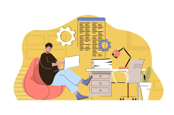 Culture coworking concept. Employee or freelancer working on laptop in office situation. Workplace organization people scene. Vector illustration with flat character design for website and mobile site — 스톡 벡터