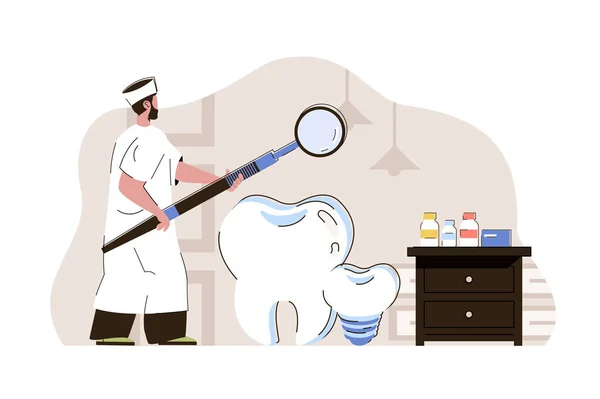 Concept de médecine dentaire. Le dentiste examine les dents, diagnostique et prescrit la situation du traitement. Services médicaux scène des gens. Illustration vectorielle avec design à caractères plats pour site web et site mobile — Image vectorielle