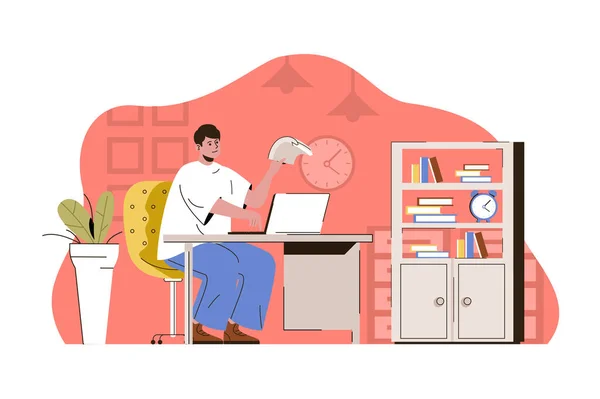 Exemplary management concept. Employee working on laptop in office situation. Successful workflow organization people scene. Vector illustration with flat character design for website and mobile site — 图库矢量图片