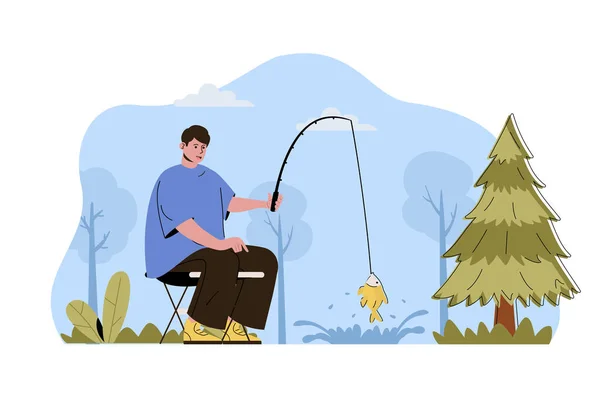 Conceito de férias de pesca. Homem pescador pega peixe com vara, descansando em situação florestal. Hobby e lazer pessoas cena. Ilustração vetorial com design de caracteres planos para site e site móvel —  Vetores de Stock