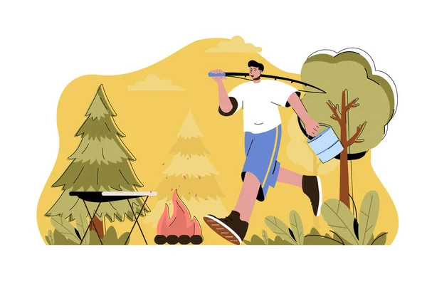 Fishing and hiking concept. Man fishing with rod and resting in campsite situation. Outdoor activities, tourism people scene. Vector illustration with flat character design for website and mobile site — ストックベクタ