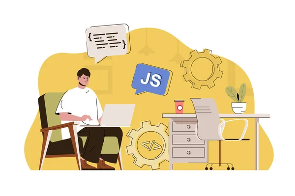 Front-end developer concept. Man creates web page, JavaScript programming situation. Development user interface people scene. Vector illustration with flat character design for website and mobile site — Stock Vector