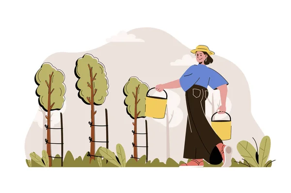 Conceito de jardinagem. Mulher agricultor segurando baldes e cuidar de mudas de árvores situação. Plantio, cena de fazendeiros. Ilustração vetorial com design de caracteres planos para site e site móvel —  Vetores de Stock