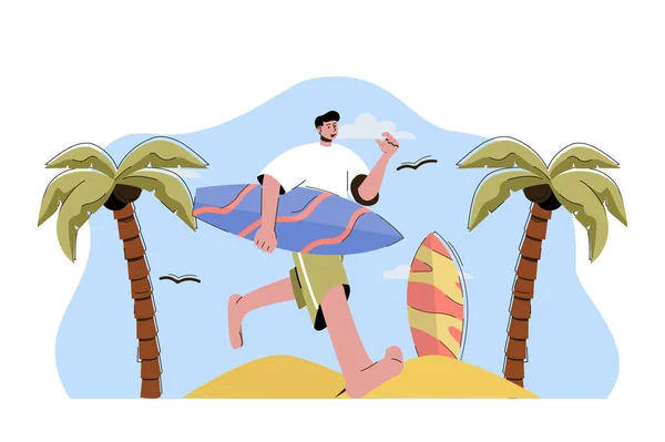Ir concepto de surf. Hombre con tabla de surf corriendo en la situación del océano. Deportes acuáticos activos, recreación en la escena de la gente del mar. Ilustración vectorial con diseño de carácter plano para sitio web y sitio móvil — Vector de stock