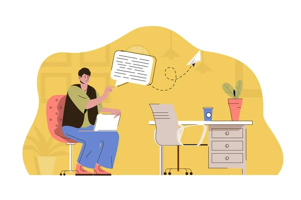 Instant message concept. Man writes text and sends his letter situation. Online communication technology people scene. Vector illustration with flat character design for website and mobile site — 스톡 벡터