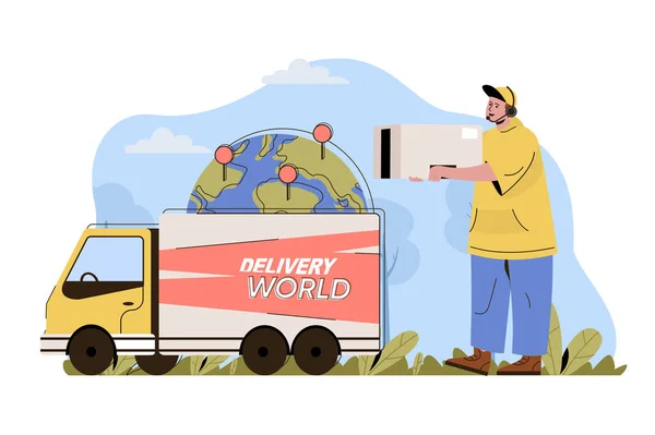 International delivery concept. Courier carries box, truck delivers parcels world situation. Global logistics people scene. Vector illustration with flat character design for website and mobile site — ストックベクタ