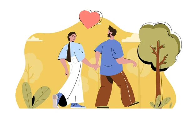 Η ιδέα του ζευγαριού. Ευτυχισμένο ζευγάρι που περπατά στο πάρκο και κρατάει τα χέρια του. Σχέσεις, οικογενειακή σκηνή. Εικονογράφηση διάνυσμα με επίπεδη σχεδίαση χαρακτήρα για την ιστοσελίδα και το κινητό site — Διανυσματικό Αρχείο