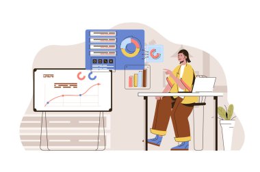 Pazarlama araştırma konsepti. Kadın pazarlamacı veri durumunu analiz eder. İş istatistikleri, finansal analiz insanları sahnesi. Web sitesi ve mobil site için düz karakter tasarımına sahip vektör illüstrasyonu