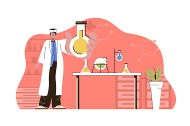 Tıbbi araştırma konsepti. Laboratuvar asistanı laboratuvar durumlarında mataralarda testler yapar. Uyuşturucu geliştirme insanları sahnesi. Web sitesi ve mobil site için düz karakter tasarımına sahip vektör illüstrasyonu