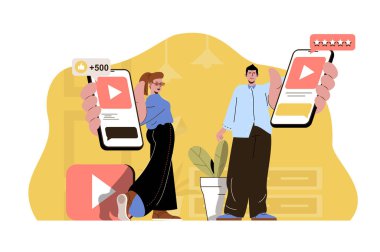 Popüler içerik kavramı. Blogcular popüler video durumları olan akıllı telefonları tutuyorlar. Takipçiler, beğeni ve yorum sahneleri. Web sitesi ve mobil site için düz karakter tasarımına sahip vektör illüstrasyonu