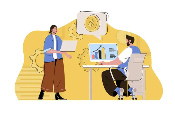 Conceito de lucro máximo. Homem e mulher ganham dinheiro e aumentam a situação dos rendimentos. Cena de empresários financeiramente bem sucedidos. Ilustração vetorial com design de caracteres planos para site e site móvel — Vetor de Stock