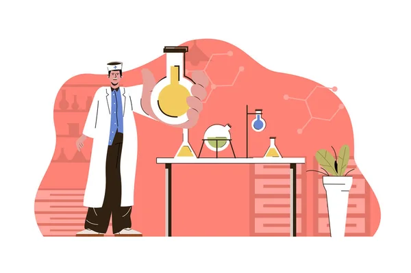 Conceito de pesquisa médica. Assistente de laboratório realiza testes em frascos em situação de laboratório. Cena de pessoas de desenvolvimento de drogas. Ilustração vetorial com design de caracteres planos para site e site móvel —  Vetores de Stock