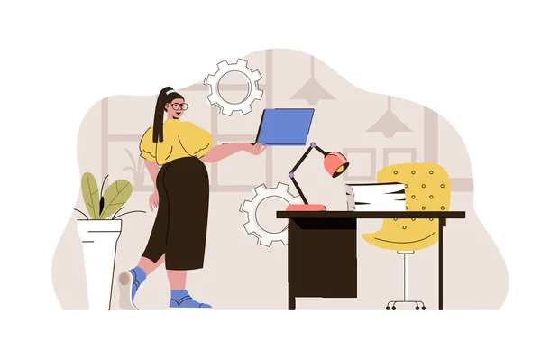 Concepto de gerente de oficina. La mujer que trabaja en el portátil, mantiene las condiciones de trabajo situación. Cultura corporativa escena de personas. Ilustración vectorial con diseño de carácter plano para sitio web y sitio móvil — Vector de stock