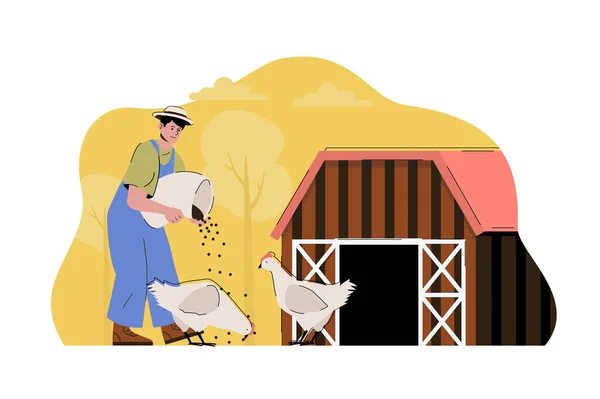 Koncepcja hodowli drobiu. Farmer karmiący kurczaki, pracuje na swojej farmie. Pszczelarstwo, agrobiznes. Ilustracja wektorowa z płaską konstrukcją postaci na stronie internetowej i stronie mobilnej — Wektor stockowy