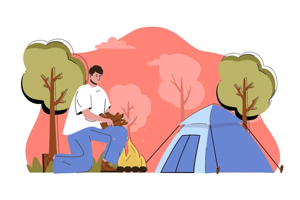 Odpoczywaj w naturze. Człowiek odpoczywający w lesie z namiotem. Turystyka piesza, camping, aktywna scena rekreacji na świeżym powietrzu. Ilustracja wektorowa z płaską konstrukcją postaci na stronie internetowej i stronie mobilnej — Wektor stockowy