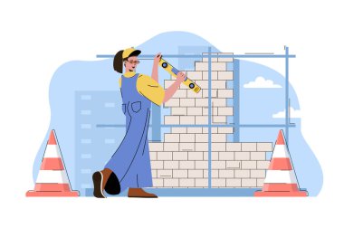 Skyscraper construction concept. Woman builder working on building site situation. Real estate business people scene. Vector illustration with flat character design for website and mobile site