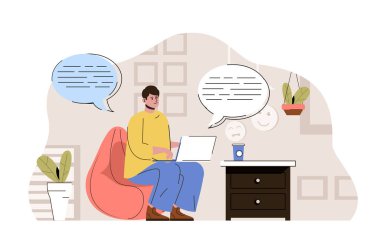 Social media concept. Man browsing social networks and chatting with friends situation. Online communication people scene. Vector illustration with flat character design for website and mobile site